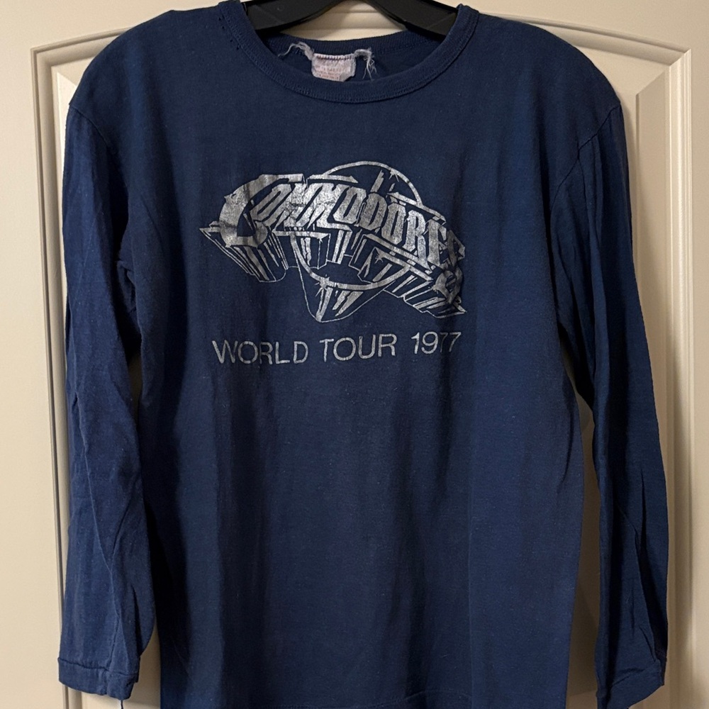 Commodores World Tour 1977 Blue Silver Long Sleeve Graphic Band T Shirt Tee Lrg